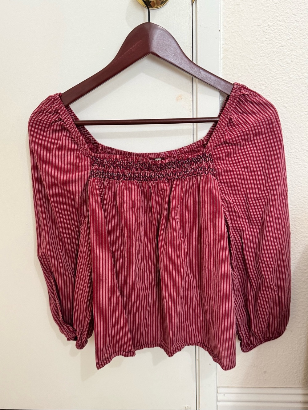 Banana Republic Red Striped Smocked-Neck Peasant Top